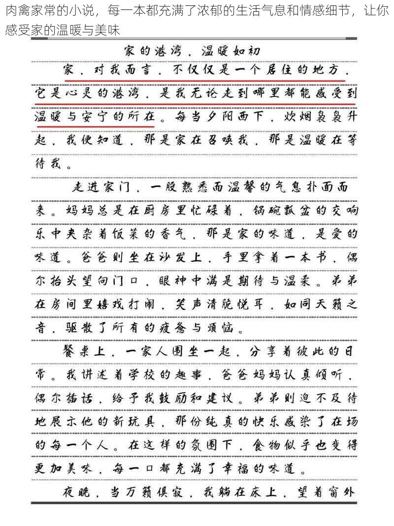 肉禽家常的小说，每一本都充满了浓郁的生活气息和情感细节，让你感受家的温暖与美味