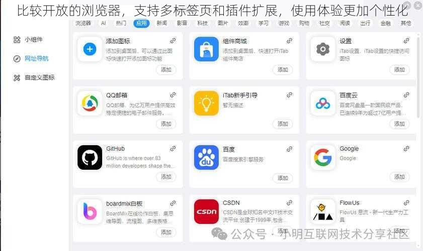 比较开放的浏览器，支持多标签页和插件扩展，使用体验更加个性化