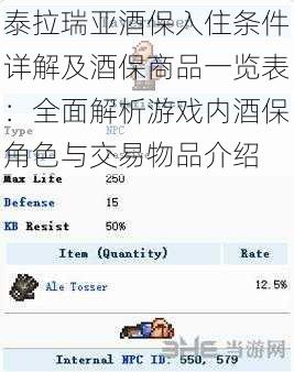 泰拉瑞亚酒保入住条件详解及酒保商品一览表：全面解析游戏内酒保角色与交易物品介绍