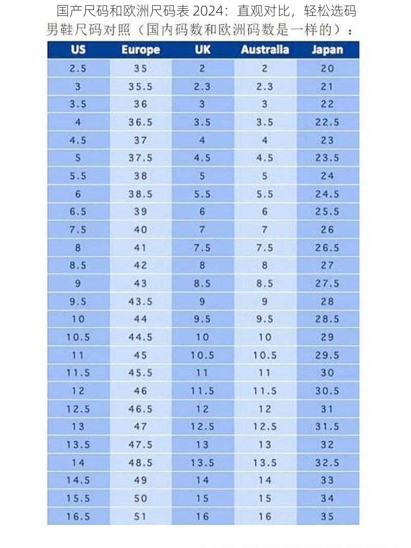 国产尺码和欧洲尺码表 2024：直观对比，轻松选码