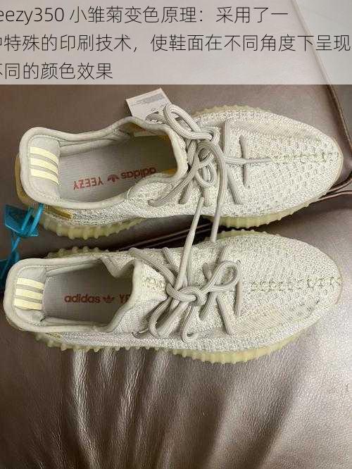 yeezy350 小雏菊变色原理：采用了一种特殊的印刷技术，使鞋面在不同角度下呈现出不同的颜色效果