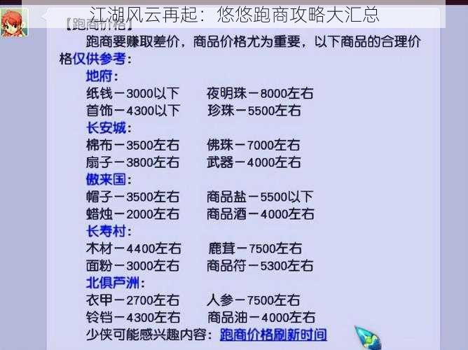 江湖风云再起：悠悠跑商攻略大汇总