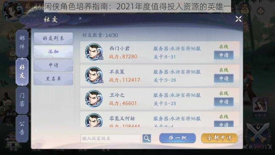 武林闲侠角色培养指南：2021年度值得投入资源的英雄一览表