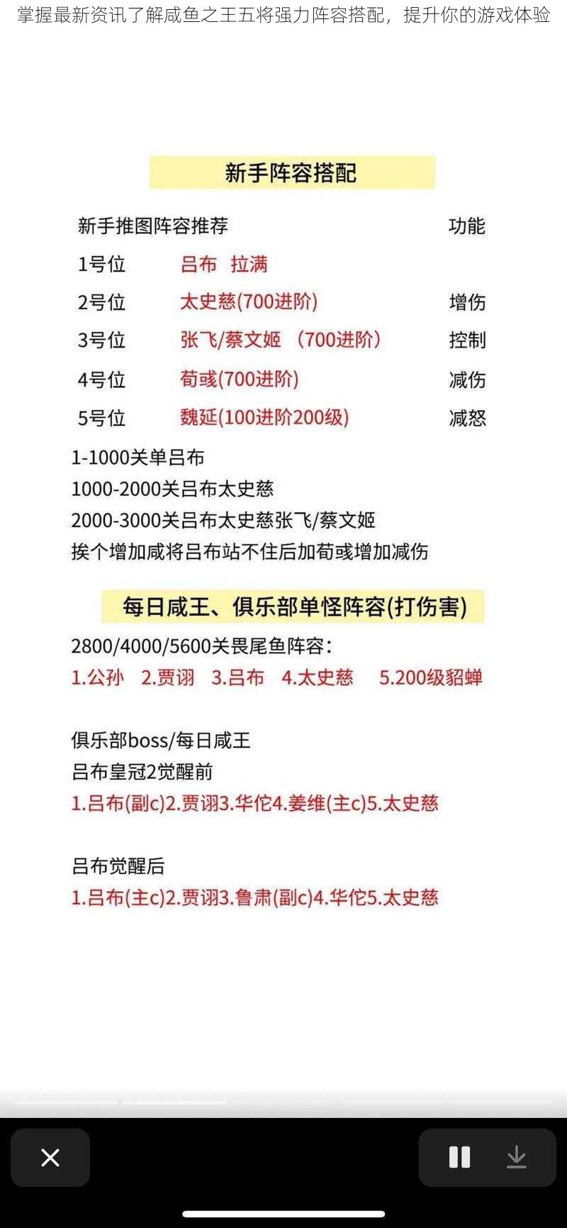 掌握最新资讯了解咸鱼之王五将强力阵容搭配，提升你的游戏体验