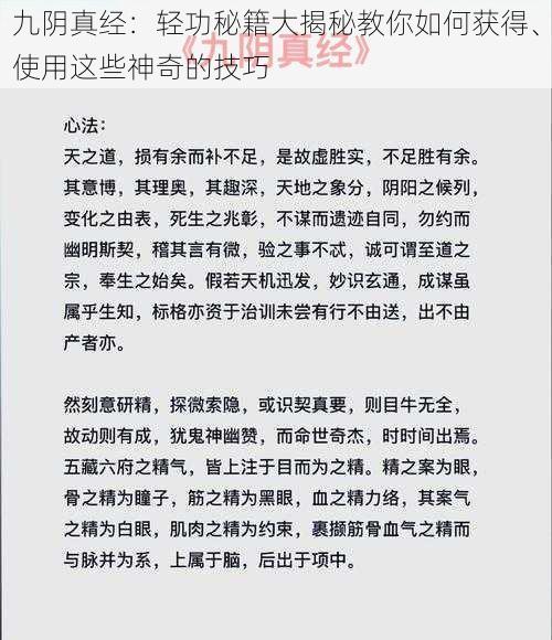 九阴真经：轻功秘籍大揭秘教你如何获得、使用这些神奇的技巧